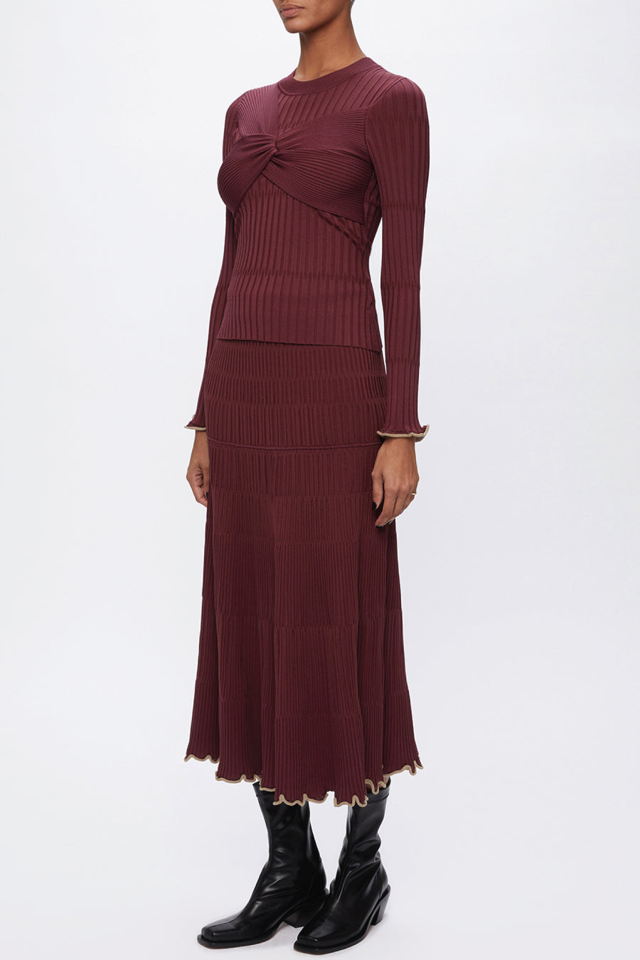 Jonathan Simkhai Malia Pleated Rib Knit Midi Skirt - Merlot