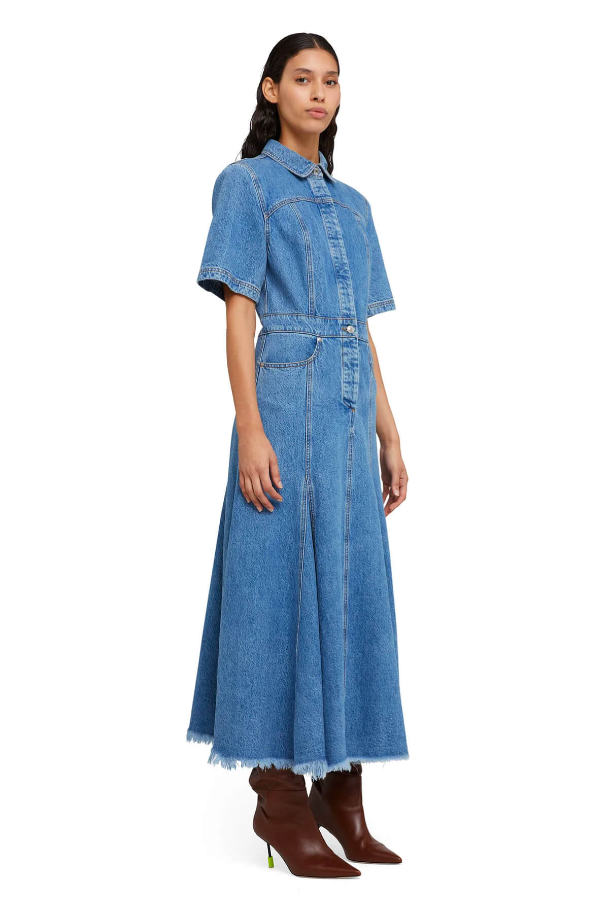 MSGM Short Sleeve Denim Midi Dress - Blue
