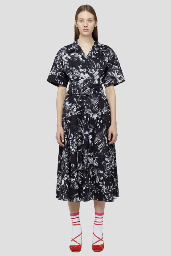 MSGM 2941MDA149207551 Belted Floral Print Dress - Black/ White Front