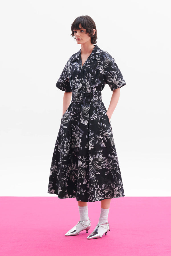 MSGM 2941MDA149207551 Belted Floral Print Dress - Black/ White Styled