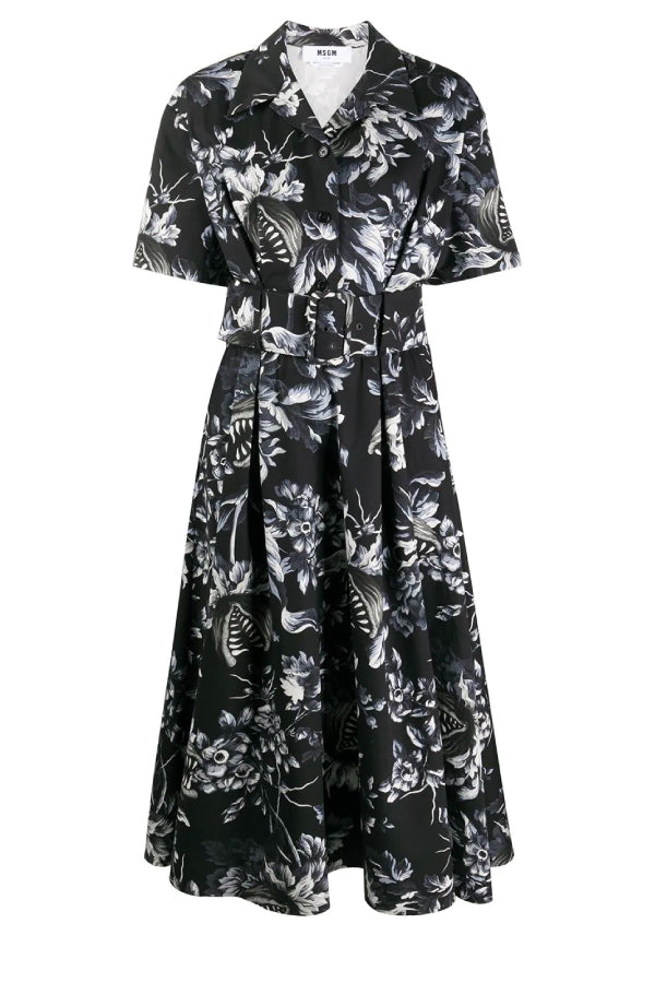MSGM 2941MDA149207551 Belted Floral Print Dress - Black/ White