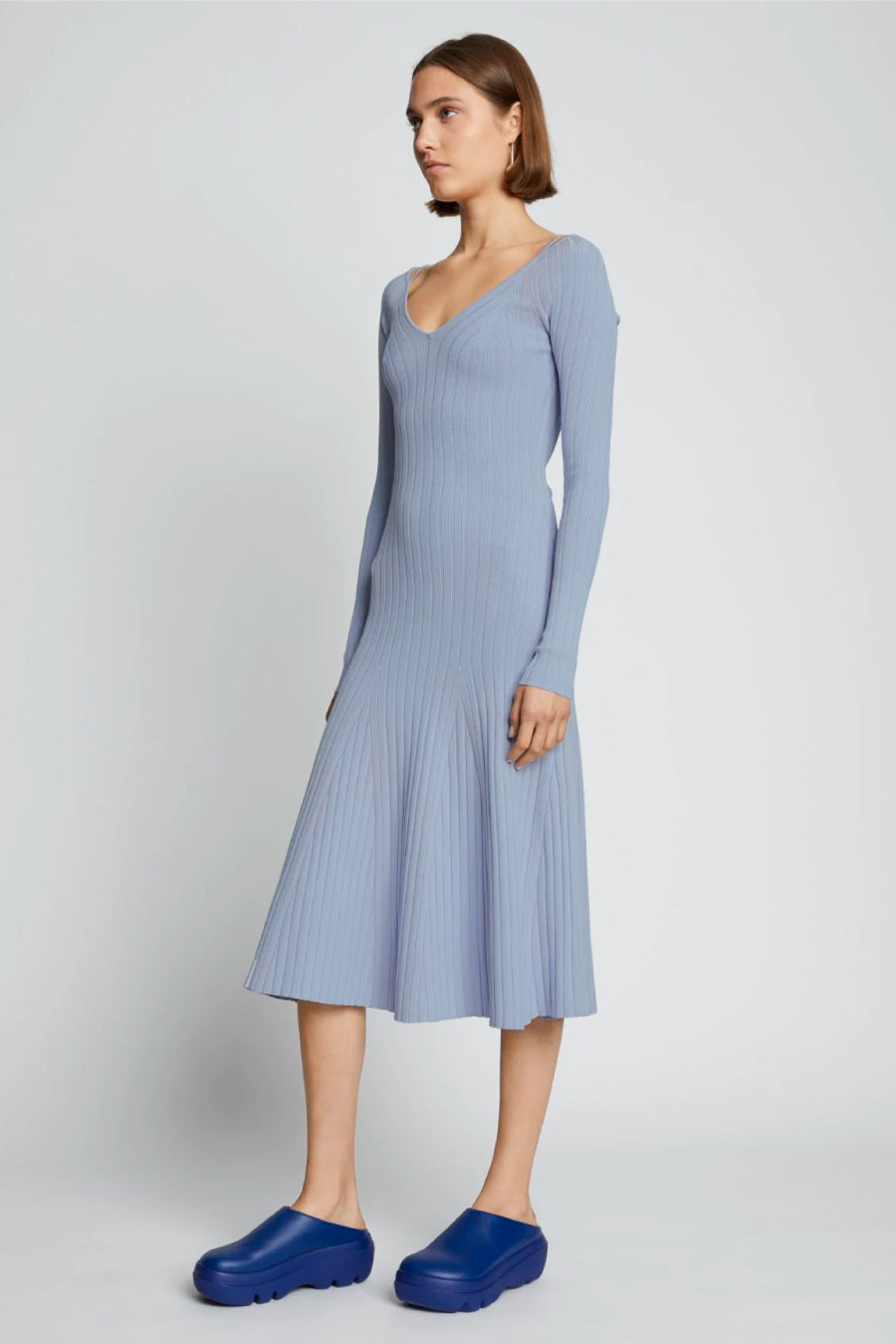 Proenza Schouler White Label Lightweight Rib Knit V-Neck Dress - Stone Blue