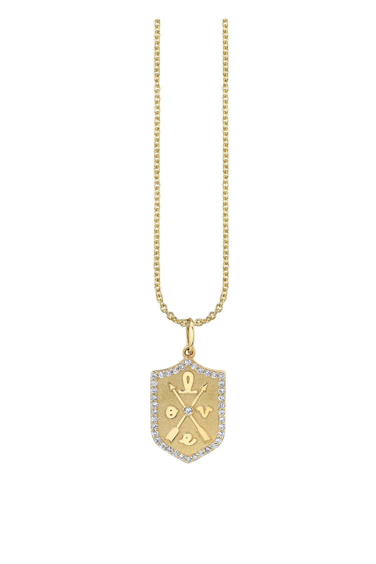 Sydney Evan Small Love Script Pave Diamond Border Crest Charm Necklace - Yellow Gold