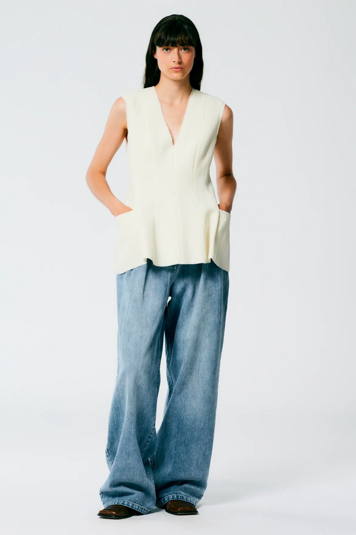 Tibi Melee Crepe V-Neck Top - Ivory