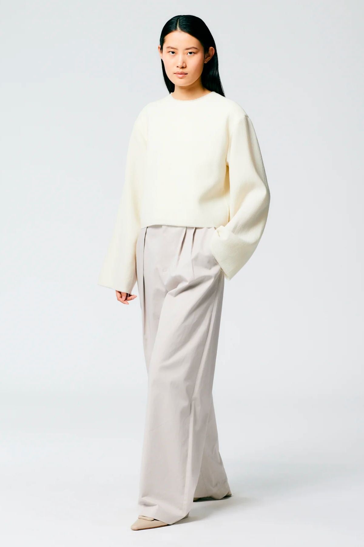 Tibi Melee Crepe Longsleeve Cropped Top - Ivory