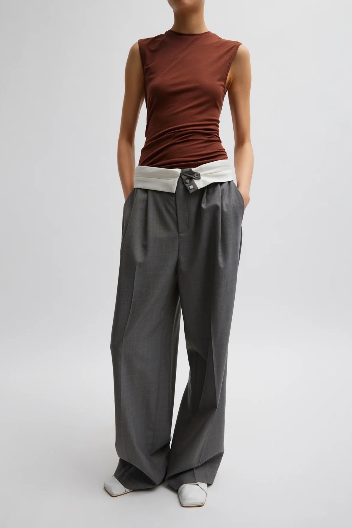 Tibi Grant Suiting Fold Over Trouser - Grey Multi