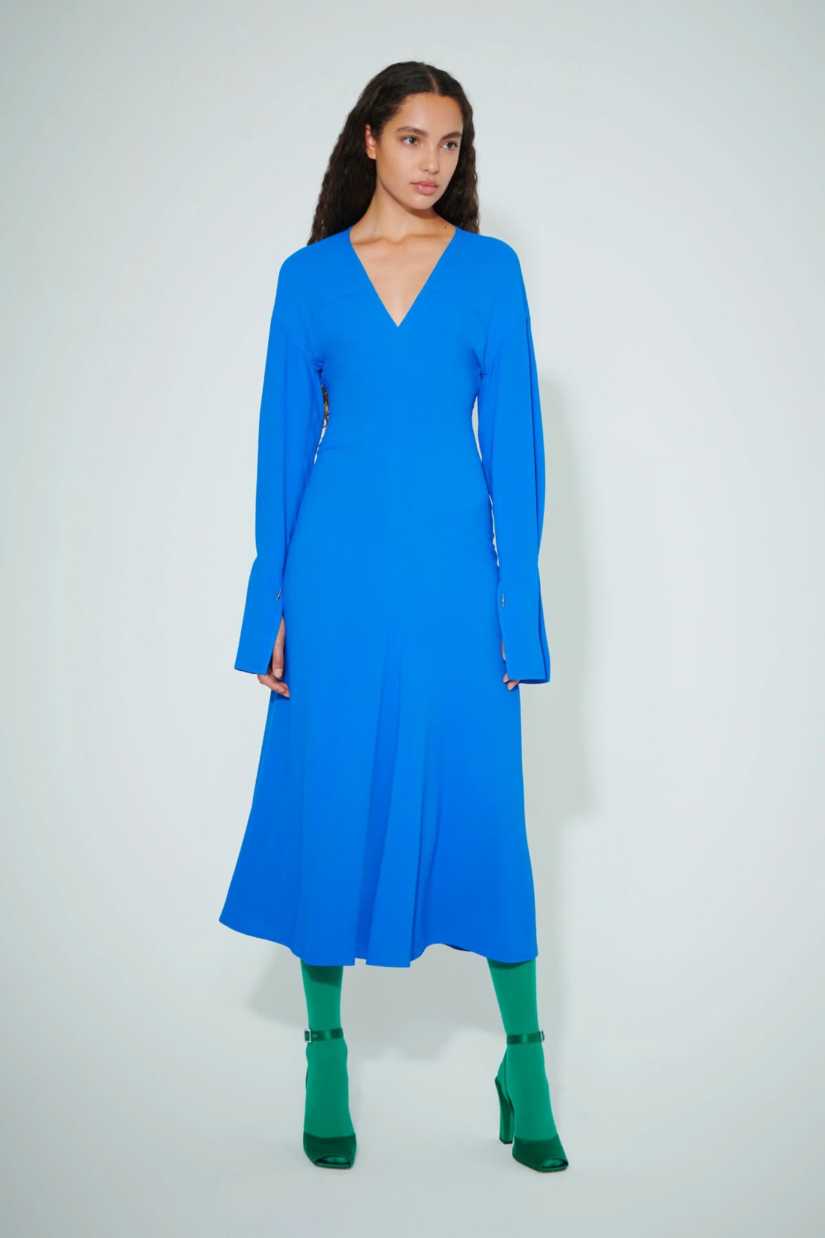 Victoria Beckham V Neck Fit & Flare Midi Dress - Bright Blue