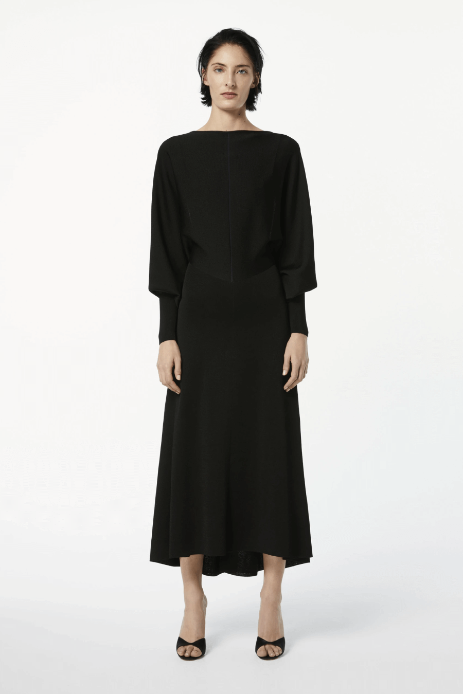 Victoria Beckham 1121KDR002367A Drape Sleeve Open Back Midi Dress - Black/ Navy Front