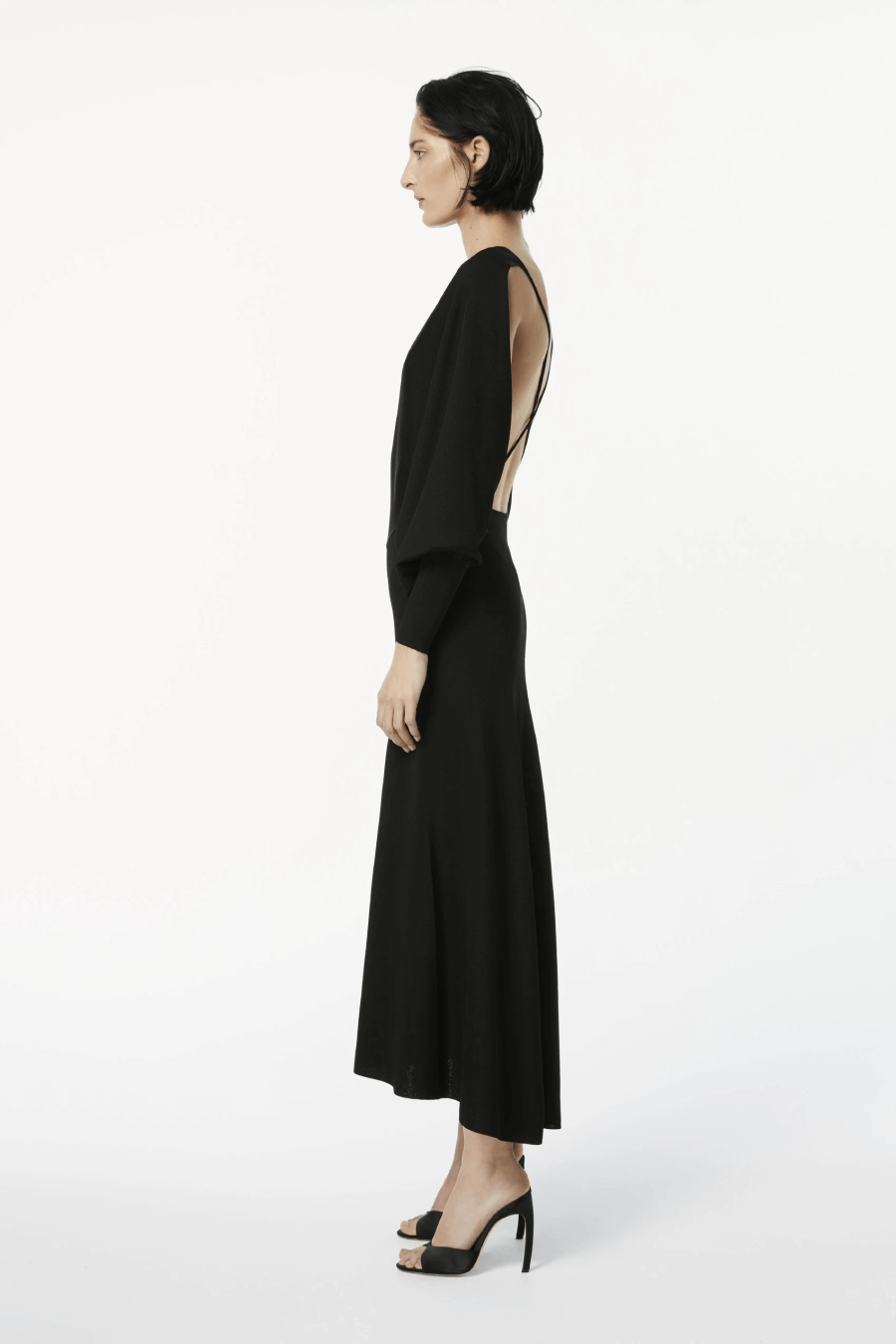 Victoria Beckham 1121KDR002367A Drape Sleeve Open Back Midi Dress - Black/ Navy Side