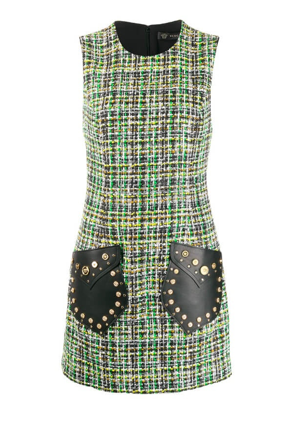 Versace Studded Leather Tweed Dress - Green (4626038227079)