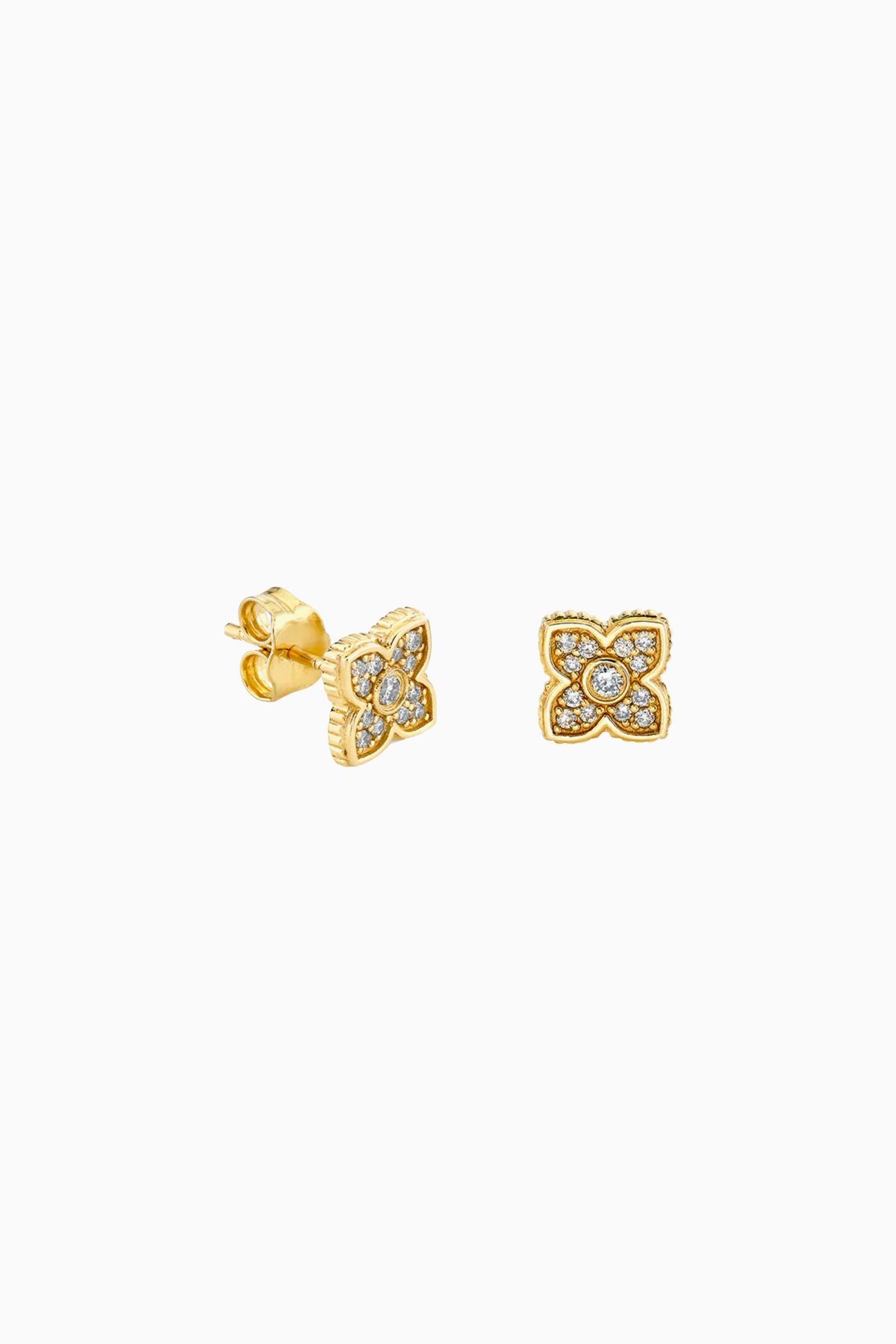 Sydney Evan Mini Bezel Moroccan Flower Stud Earrings - Yellow Gold