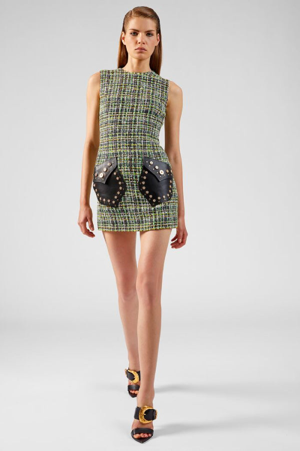 Versace Studded Leather Tweed Dress - Green